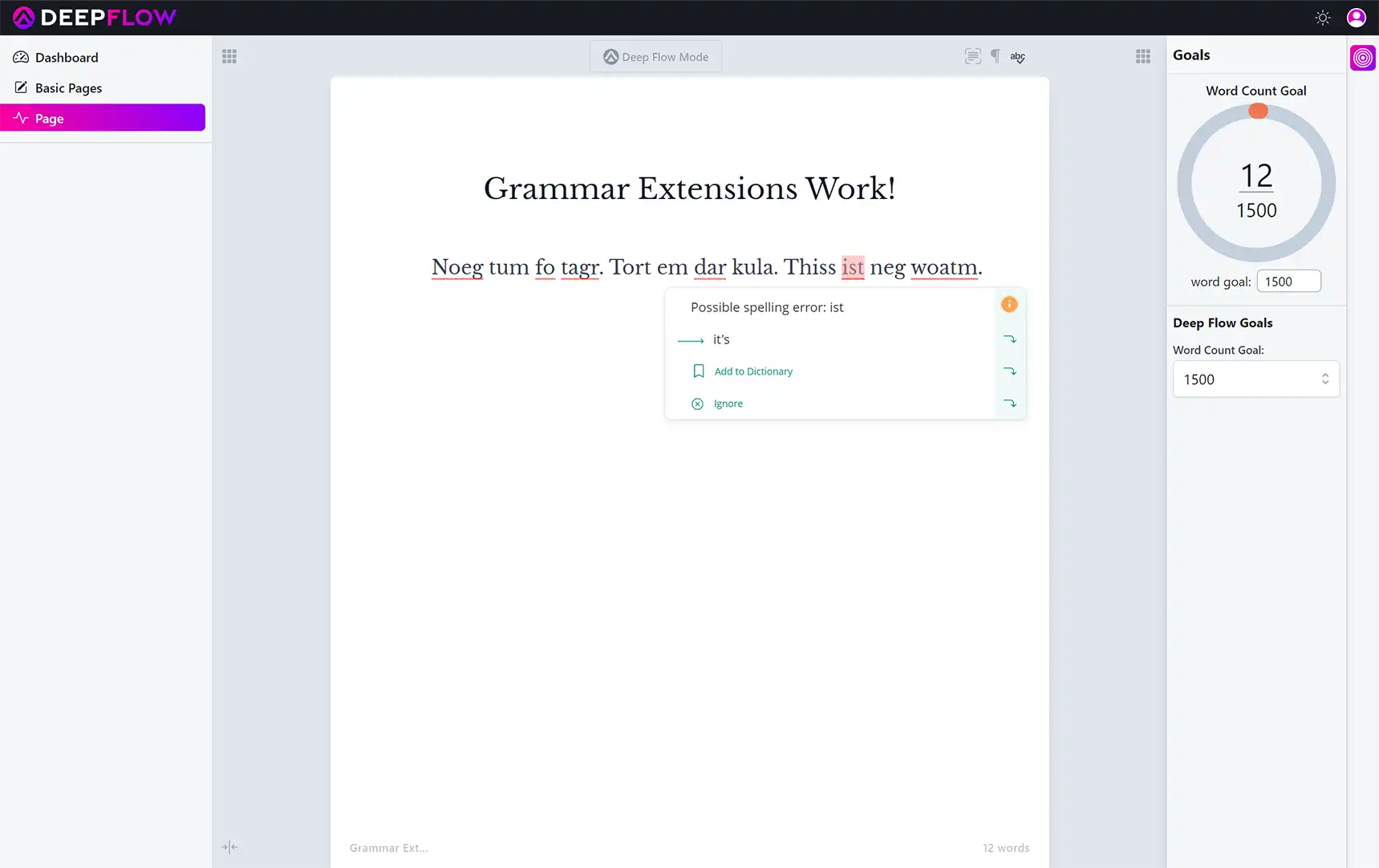 Deep Flow Writer works with most browser grammar extensions
